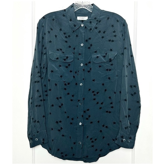 EQUIPMENT FEMME Teal Silk Star Print Long Sleeve Button Up Signature Blouse M - Picture 9 of 16